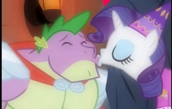 Size: 677x431 | Tagged: safe, edit, edited screencap, imported from derpibooru, screencap, rarity, spike, dragon, pony, unicorn, a dog and pony show, armor, clothes, cute, dress, eyes closed, female, good end, happy ending, hat, hennin, kiss on the lips, kissing, knight, knight rescues the princess, knight spike, male, mare, mlp fim's twelfth anniversary, older, older spike, princess, princess rarity, raribetes, shipping, sparity, straight