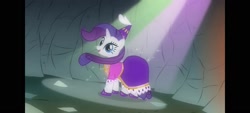 Size: 1600x720 | Tagged: safe, imported from derpibooru, rarity, pony, unicorn, a dog and pony show, clothes, dress, happy, hat, hennin, princess, princess rarity, screenshots, spotlight