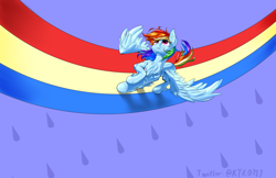 Size: 3700x2400 | Tagged: safe, artist:ktk's sky, imported from derpibooru, rainbow dash, pegasus, pony, female, flying, mare, rain, rainbow, running, solo