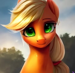 Size: 828x807 | Tagged: safe, imported from derpibooru, applejack, earth pony, pony, ai content, ai generated, bust, cute, female, generator:purplesmart.ai, generator:stable diffusion, hatless, jackabetes, looking at you, mare, missing accessory, simple background, smiling, solo, tree