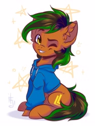 Size: 2893x3855 | Tagged: safe, artist:falafeljake, imported from derpibooru, oc, oc only, oc:patutu, earth pony, pony, earth pony oc, male, one eye closed, solo, wink