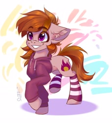 Size: 2637x2893 | Tagged: safe, artist:falafeljake, imported from derpibooru, oc, oc only, oc:stuben, earth pony, pony, clothes, cute, ear fluff, eyebrows, eyebrows visible through hair, high res, hoodie, male, ocbetes, raised hoof, raised leg, signature, simple background, smiling, socks, solo, stallion