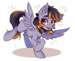 Size: 3527x2893 | Tagged: safe, artist:falafeljake, imported from derpibooru, oc, oc only, oc:crossfire, hybrid, pegasus, pony, blushing, chest fluff, collar, cute, ear fluff, eyebrows, eyebrows visible through hair, fangs, heart, high res, pegabat, simple background, slim, solo