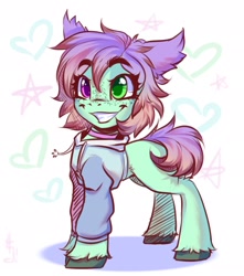 Size: 1807x2048 | Tagged: safe, artist:falafeljake, imported from derpibooru, oc, oc only, earth pony, pony, clothes, collar, cute, eyebrows, eyebrows visible through hair, heterochromia, high res, hoodie, simple background, smiling, solo, unshorn fetlocks