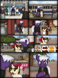 Size: 1750x2333 | Tagged: safe, artist:99999999000, imported from derpibooru, oc, oc only, oc:firearm king, oc:mar baolin, earth pony, pony, unicorn, comic:journey, chinese, clothes, comic, earth pony oc, food, hoof hold, horn, male, metro, subway, taipei, train, unicorn oc