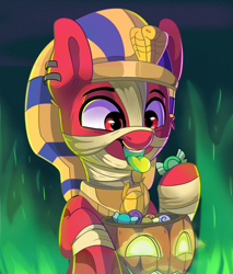 Size: 1920x2250 | Tagged: safe, artist:joaothejohn, imported from derpibooru, oc, oc only, oc:flamebrush, pegasus, pony, candy, clothes, cute, egyptian, egyptian headdress, egyptian pony, food, halloween, holiday, looking down, male, pegasus oc, pharaoh, pumpkin, simple background, tongue out