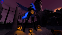 Size: 3840x2160 | Tagged: safe, artist:rainsstudio, imported from derpibooru, princess luna, alicorn, anthro, plantigrade anthro, 3d, bag, blood moon, candy bag, castle of the royal pony sisters, clothes, female, halloween, holiday, jack-o-lantern, knee-high boots, mlp fim's twelfth anniversary, moon, nexgen, night, nightmare night, pumpkin, smiling, solo, source filmmaker, spread wings, wings