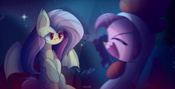 Size: 2550x1300 | Tagged: safe, artist:miryelis, imported from derpibooru, fluttershy, pinkie pie, bat pony, earth pony, pegasus, pony, animal costume, bat ponified, chicken suit, clothes, costume, duo, female, flutterbat, halloween, halloween costume, holiday, long hair, mare, mlp fim's twelfth anniversary, night, race swap, red eyes, scared, spread wings, stars, tree, wings