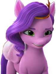 Size: 582x768 | Tagged: safe, edit, edited screencap, imported from derpibooru, screencap, pipp petals, pegasus, pony, spoiler:my little pony: make your mark chapter 2, spoiler:myms01e07, 3d, background removed, eyes open, female, g5, green eyes, grin, hoof done it?, mare, my little pony: make your mark, my little pony: make your mark chapter 2, pipp petals is not amused, purple mane, simple background, smiling, solo, standing, transparent background, unamused