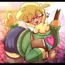 Size: 1040x1053 | Tagged: safe, artist:malachimoet, imported from derpibooru, alpaca, them's fightin' herds, bag, book, clothes, cloven hooves, community related, female, glasses, paprika (tfh), saddle bag, school uniform, schoolgirl, simple background, solo, sweater