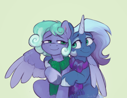 Size: 1248x970 | Tagged: safe, artist:jewellier, imported from derpibooru, oc, oc only, oc:cyanite star, oc:sea (oda 1997), pegasus, pony, unicorn, clothes, duo, duo female, female, g5 oc, hug, looking at each other, looking at someone, looking at you, mare, oda 1997, oda 997, scarf, simple background, unshorn fetlocks, white background, winghug, wings
