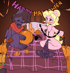 Size: 2888x3000 | Tagged: safe, artist:pledus, imported from derpibooru, oc, oc only, oc:fenris ebonyglow, oc:kara waypoint, earth pony, pegasus, pony, clothes, decoration, halloween, holiday, jewelry, necklace, pumpkin, scarf