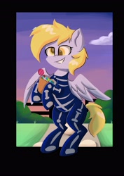 Size: 2896x4096 | Tagged: safe, artist:skylinepony_, imported from derpibooru, derpy hooves, pegasus, pony, bipedal, candy, clothes, costume, female, food, g4, grin, halloween, halloween costume, high res, hoof hold, mare, smiling, solo