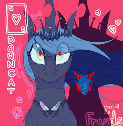 Size: 1586x1620 | Tagged: safe, artist:beetlebonez, imported from derpibooru, queen chrysalis, changeling, changeling queen, blue mane, cats millionaire, crown, digital art, female, g4, heart, heart eyes, jewelry, necklace, regalia, shadow, solo, teeth, wingding eyes