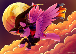 Size: 3536x2500 | Tagged: safe, artist:neonishe, imported from derpibooru, twilight sparkle, alicorn, pony, clothes, cloud, cute, flying, g4, hat, mlp fim's twelfth anniversary, moon, solo, twilight sparkle (alicorn), witch hat