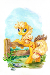Size: 805x1200 | Tagged: safe, artist:maytee, imported from derpibooru, applejack, earth pony, pony, butt, colored pencil drawing, cowboy hat, female, fence, hat, looking at you, looking back, looking back at you, mare, plot, solo, traditional art
