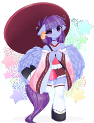 Size: 6565x8528 | Tagged: safe, artist:arwencuack, imported from derpibooru, oc, oc only, oc:eminence bloom, pegasus, semi-anthro, absurd resolution, arm hooves, bare shoulders, clothes, commission, dress, floppy ears, hoof shoes, kimono minidress, minidress, simple background, socks, solo, thigh highs, transparent background, umbrella