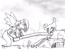 Size: 4000x3000 | Tagged: safe, artist:captainhoers, imported from derpibooru, oc, oc only, oc:atom smasher, dog, pegasus, pony, female, glasses, goggles on head, grayscale, grin, mare, monochrome, post-apocalyptic, smiling, spread wings, tail, tail wag, tank (vehicle), wings