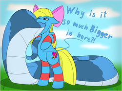 Size: 2691x2000 | Tagged: safe, artist:triksa, imported from derpibooru, oc, oc only, oc:cuteamena, oc:triksa, earth pony, lamia, original species, cartoon physics, clothes, colored, commission, duo, eating, gulp, hammerspace, hammerspace belly, larger prey, micro pred, open mouth, size difference, smaller pred, socks, striped socks, swallowing, tail, tail wiggle, talking, vore, wiggling