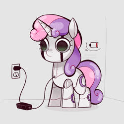Size: 1807x1807 | Tagged: safe, artist:syrupyyy, imported from derpibooru, sweetie belle, pony, robot, robot pony, unicorn, charging, female, filly, foal, g4, ponytober, solo, sweetie bot, thousand yard stare