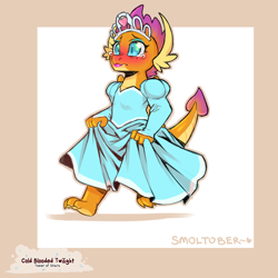 Size: 1200x1200 | Tagged: safe, artist:cold-blooded-twilight, imported from derpibooru, smolder, dragon, blushing, clothes, crown, crying, cute, dress, eyeshadow, jewelry, lipstick, makeup, princess dress, princess smolder, regalia, smolder also dresses in style, smolderbetes, solo, teary eyes, tiara