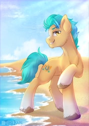 Size: 2480x3507 | Tagged: safe, artist:tokokami, imported from derpibooru, hitch trailblazer, earth pony, pony, beach, g5, high res, looking at you, male, raised hoof, shore, smiling, solo, stallion, water