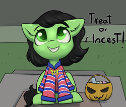 Size: 2600x2200 | Tagged: safe, artist:dumbwoofer, imported from derpibooru, oc, oc only, oc:filly anon, earth pony, pony, candy, chris chan, clothes, costume, dialogue, ear fluff, female, filly, foal, food, grass, grin, halloween, halloween costume, holiday, implied incest, jewelry, looking at you, looking up, looking up at you, male, necklace, open mouth, porch, shirt, sitting, smiling, solo, sonic the hedgehog, sonic the hedgehog (series), sonichu, the implications are horrible, trick or treat