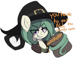 Size: 3559x2795 | Tagged: safe, artist:czu, imported from derpibooru, oc, oc:coven, earth pony, pony, bust, candy, candy corn, eye clipping through hair, food, hat, prehensile mane, sharp teeth, simple background, smug, talking to viewer, teeth, text, transparent background, witch, witch hat, you have to eat all the eggs