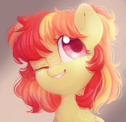 Size: 932x903 | Tagged: safe, artist:melodylibris, imported from derpibooru, oc, oc only, earth pony, pony, bust, cute, female, freckles, grin, looking up, mare, ocbetes, one eye closed, shoulder freckles, smiling, solo