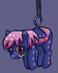 Size: 230x287 | Tagged: safe, artist:plunger, imported from derpibooru, earth pony, keychain pony, object pony, original species, pony, female, hanging, keychain, mare, polka dots, ponified, sad, saddle, solo, tack