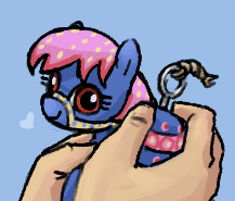Size: 217x185 | Tagged: safe, artist:plunger, imported from derpibooru, earth pony, human, keychain pony, object pony, original species, pony, drawthread, female, hand, happy, heart, holding a pony, keychain, mare, polka dots, ponified, saddle, solo, tack