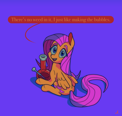 Size: 5977x5700 | Tagged: safe, artist:docwario, imported from derpibooru, fluttershy, pegasus, pony, bong, cute, dialogue, eyebrows, female, fluttober, g4, looking at you, mare, purple background, shyabetes, simple background, sitting, solo, speech bubble, talking to viewer