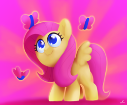 Size: 5400x4461 | Tagged: safe, artist:docwario, imported from derpibooru, fluttershy, butterfly, pegasus, pony, abstract background, cute, female, fluttober, g4, high res, mare, pink background, shyabetes, smiling, solo, spread wings, sunburst background, wings