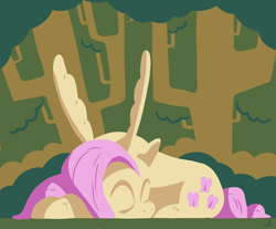 Size: 4800x3965 | Tagged: safe, artist:docwario, imported from derpibooru, fluttershy, pegasus, pony, eyes closed, female, fluttober, forest, g4, high res, lineless, lying down, mare, minimalist, prone, sleeping, solo, spread wings, tree, wings