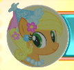Size: 108x102 | Tagged: safe, imported from derpibooru, applejack, earth pony, pony, applejack also dresses in style, clothes, dress, ear piercing, female, flower, flower in hair, froufrou glittery lacy outfit, gameloft, happy, hat, hennin, jewelry, looking at you, mare, my little pony: magic princess, necklace, piercing, princess, princess applejack, smiling