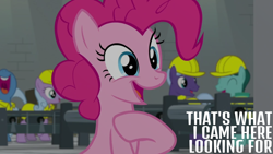 Size: 1280x720 | Tagged: safe, edit, edited screencap, editor:quoterific, imported from derpibooru, screencap, giggleberry, lavender chuckle, pinkie pie, earth pony, pony, season 9, the last laugh, spoiler:s09, clothes, female, hard hat, hat, hoof on chest, laughing, male, mare, nose in the air, open mouth, open smile, smiling, stallion, volumetric mouth