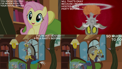 Size: 4400x2475 | Tagged: safe, edit, edited screencap, editor:quoterific, imported from derpibooru, screencap, discord, fluttershy, draconequus, pegasus, pony, discordant harmony, duo, duo male and female, faucet, female, fluttershy's cottage (interior), gritted teeth, male, mare, mind blown, open mouth, open smile, pillow, smiling, snaggletooth, teeth