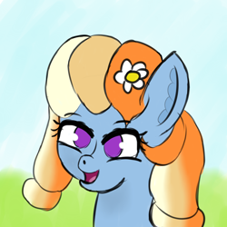 Size: 5000x5000 | Tagged: safe, artist:houndy, imported from derpibooru, oc, oc:aurelia coe, earth pony, cute, flower, flower in hair, happy, looking at you, multicolored hair, purple eyes, simple background, smiling, smiling at you
