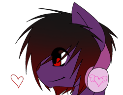 Size: 788x610 | Tagged: safe, artist:zeffdakilla, imported from derpibooru, oc, oc only, oc:frankie fang, pegasus, pony, black hair, black mane, bust, emo, headphones, heart, hidden wings, looking away, purple fur, side view, simple background, smiling, solo, transparent background, turned away