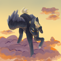 Size: 2000x2000 | Tagged: safe, artist:eggoatt, imported from twibooru, oc, oc only, unnamed oc, pegasus, pony, angry, cloud, dusk, female, image, mare, pegasus oc, png, raised leg, sky, solo, tail, wings