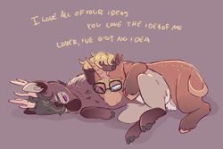 Size: 1944x1302 | Tagged: safe, artist:eggoatt, imported from twibooru, oc, oc only, oc:space cadet, deer, unicorn, blushing, dialogue, gay, glasses, image, male, one eye open, png, side, simple background, snuggling