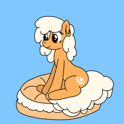 Size: 1000x1000 | Tagged: safe, artist:shuffle, oc, oc only, oc:bagel bite, earth pony, food pony, original species, pony, bagel, bread, cream cheese, ear piercing, earring, earth pony oc, female, food, freckles, jewelry, mare, piercing, ponified, side view, sitting, solo