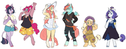 Size: 4591x1825 | Tagged: safe, artist:eggoatt, imported from twibooru, applejack, fluttershy, pinkie pie, rainbow dash, rarity, twilight sparkle, anthro, classical unicorn, earth pony, pegasus, unguligrade anthro, unicorn, :3, backpack, clothes, cloven hooves, cosplay, costume, crossover, dress, ear piercing, earring, freckles, frown, happy, hat, image, jewelry, jumping, leonine tail, mane six, open mouth, piercing, png, pokémon, shorts, shortstack, simple background, torn clothes, unshorn fetlocks, white background, wings