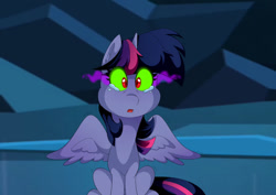 Size: 1024x724 | Tagged: safe, artist:uunicornicc, imported from derpibooru, twilight sparkle, alicorn, pony, season 3, the crystal empire, cavern, colored sclera, corrupted, corrupted twilight sparkle, crying, crystal caverns, crystal empire, dark, dark magic, female, greatest fear, green eyes, green sclera, magic, mare, red pupils, sad, scene interpretation, screencap background, solo, sombra eyes, tears of fear, twilight sparkle (alicorn)