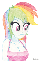 Size: 1250x1920 | Tagged: safe, artist:roseluck, imported from derpibooru, rainbow dash, human, equestria girls, big breasts, braless, breasts, busty rainbow dash, cleavage, clothes, colored pencil drawing, cutie mark accessory, cutie mark earrings, ear piercing, earring, female, implied dashtavia, jewelry, piercing, shading, simple background, solo, tanktop, three quarter view, traditional art, white background