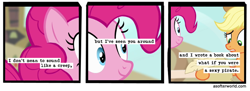Size: 720x261 | Tagged: safe, edit, edited screencap, imported from ponybooru, screencap, applejack, pinkie pie, earth pony, pinkie apple pie, a softer world, comic, female, mare, screencap comic, scroll, solo, stare, text