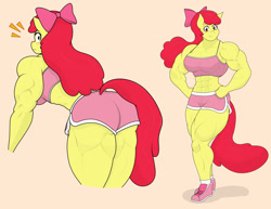 Size: 2048x1582 | Tagged: safe, artist:matchstickman, imported from derpibooru, apple bloom, anthro, earth pony, plantigrade anthro, tumblr:where the apple blossoms, abs, apple bloom's bow, apple brawn, biceps, bow, breasts, busty apple bloom, clothes, deltoids, female, hair bow, looking at you, looking back, mare, matchstickman's apple brawn series, muscles, muscular female, older, older apple bloom, pink background, rear view, shoes, simple background, socks, solo, tail, tail hole, thighs, thunder thighs, tumblr comic