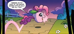Size: 1334x622 | Tagged: safe, artist:tonyfleecs, idw, imported from derpibooru, pinkie pie, night of the living apples, spoiler:comic, apple, apple pinkie, dialogue, female, food, food transformation, g4, inanimate tf, living apple, out of context, solo, transformation