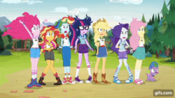 Size: 640x360 | Tagged: safe, imported from derpibooru, screencap, applejack, fluttershy, pinkie pie, rainbow dash, rarity, sci-twi, spike, sunset shimmer, twilight sparkle, human, equestria girls, legend of everfree, animated, arms in the air, camp everfree outfits, clothes, converse, faint, gif, gifs.com, hands in the air, humane five, humane seven, humane six, legs, seriously, shoes, shorts, skirt