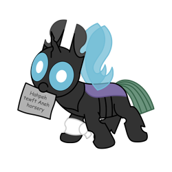 Size: 3000x3000 | Tagged: safe, artist:theunidentifiedchangeling, imported from derpibooru, oc, oc:[unidentified], changeling, armband, buggo, changeling oc, cute, cuteling, derp, digital art, foal, horn, intentional spelling error, mlp fim's twelfth anniversary, mouth hold, paper, simple background, solo, spread wings, transparent background, wings